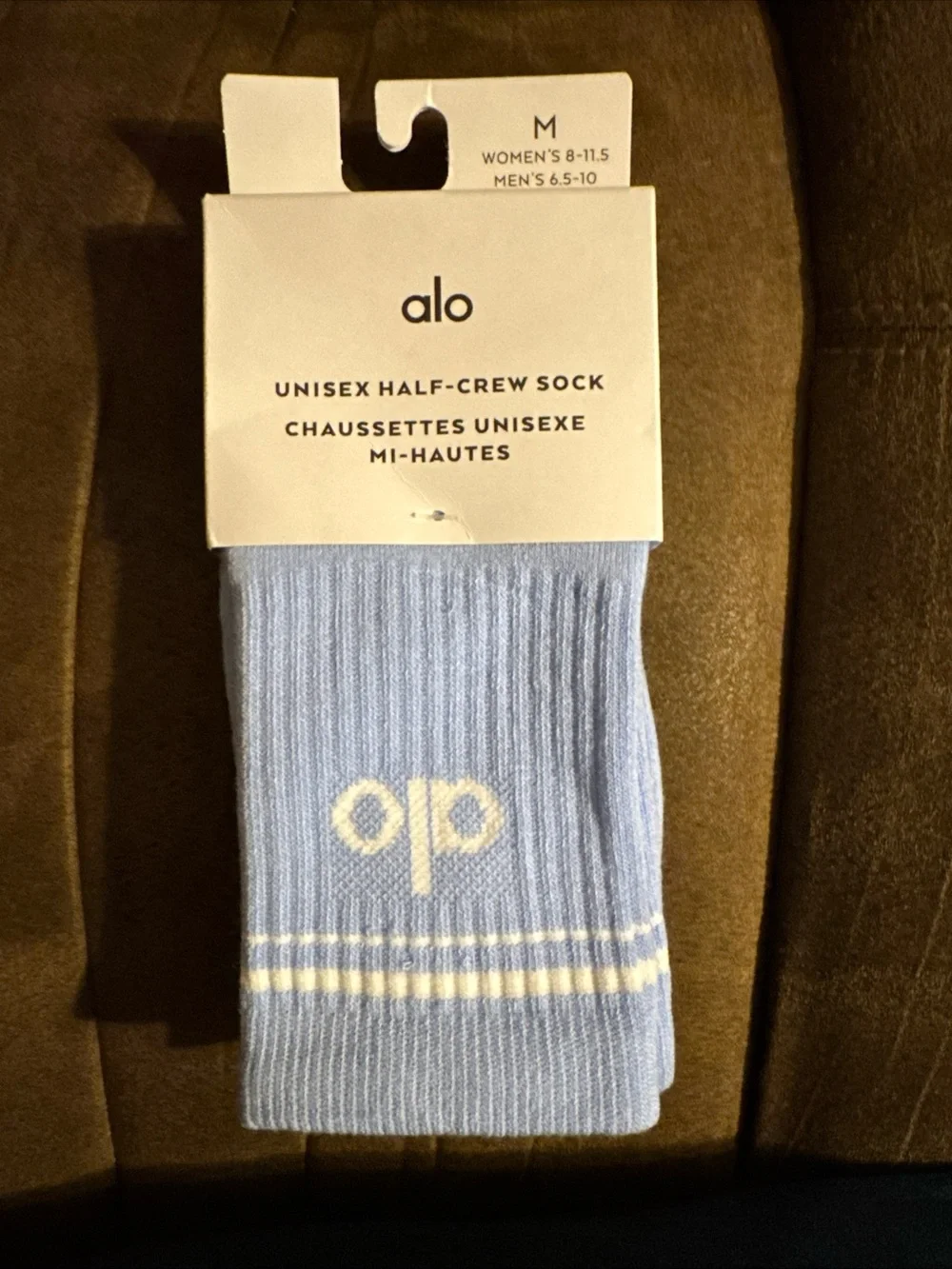 ALO Yoga Light Blue Unisex Half-Crew Athletic Socks with White Logo M